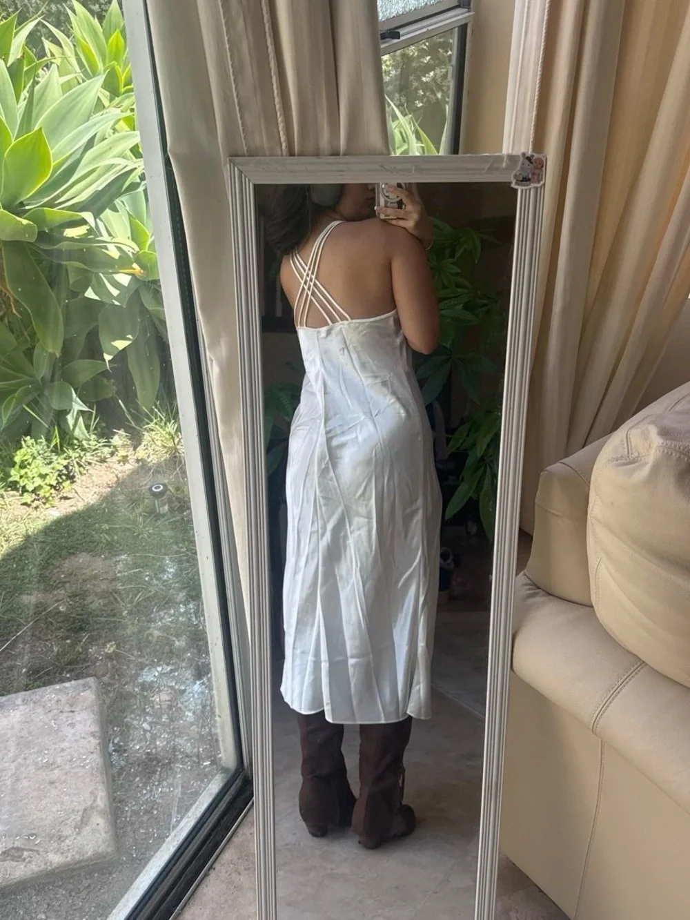 White Lace-Trim Slip Dress with Side Slit by